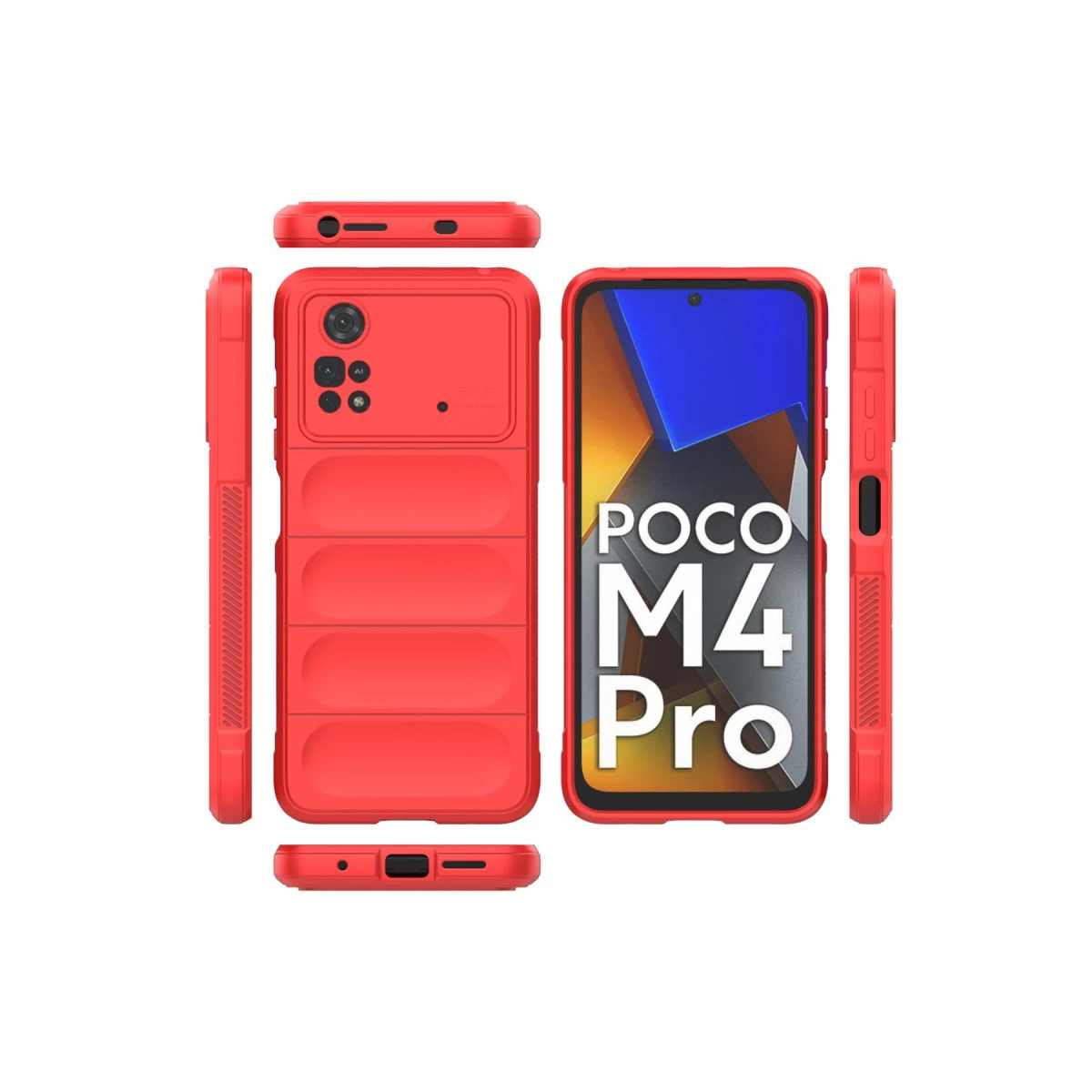 Kamera kapaklı kırmızı telefon kılıfı ve Poco M4 Pro telefon.