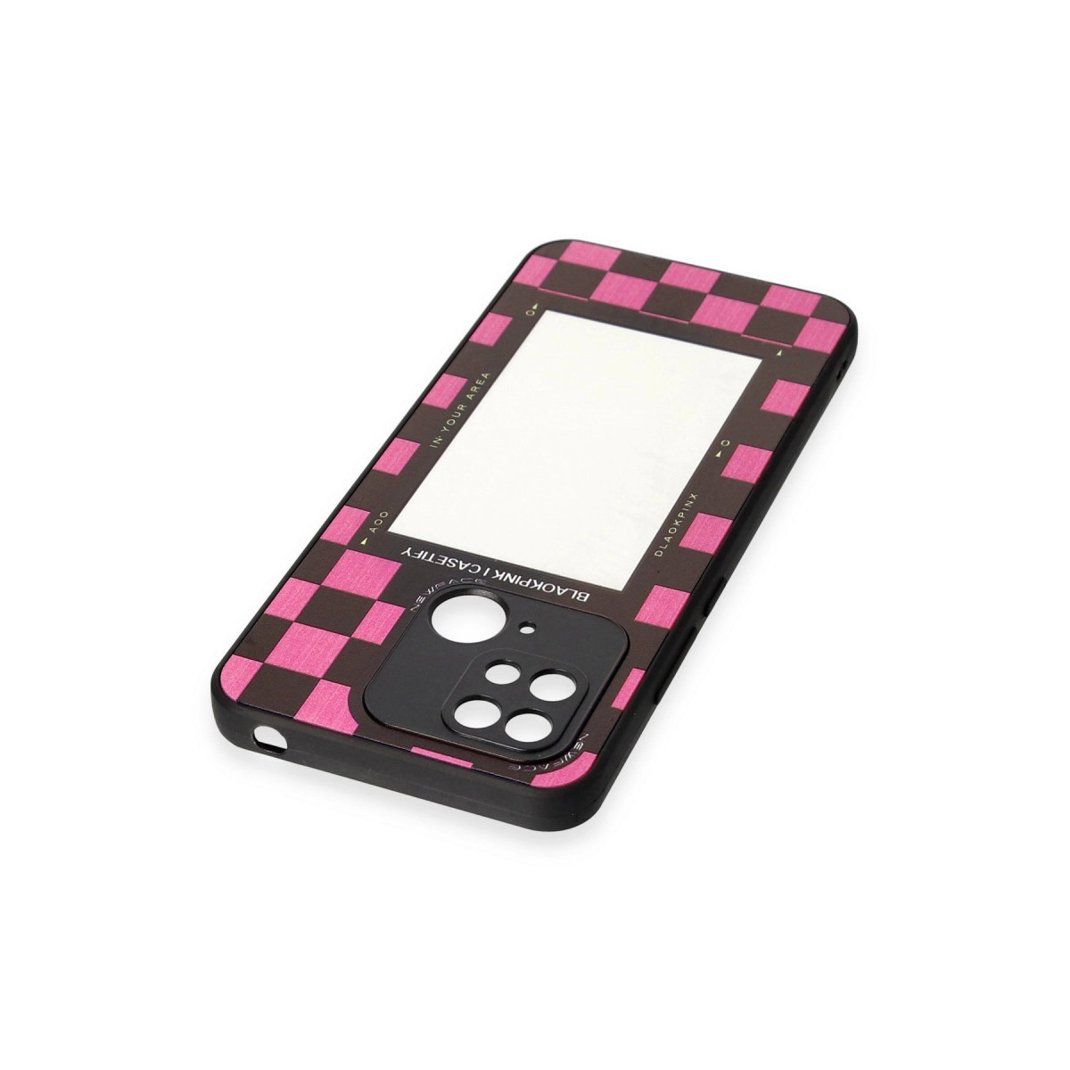 Pembe damalı ve kamera kesintili siyah telefon kılıfı.