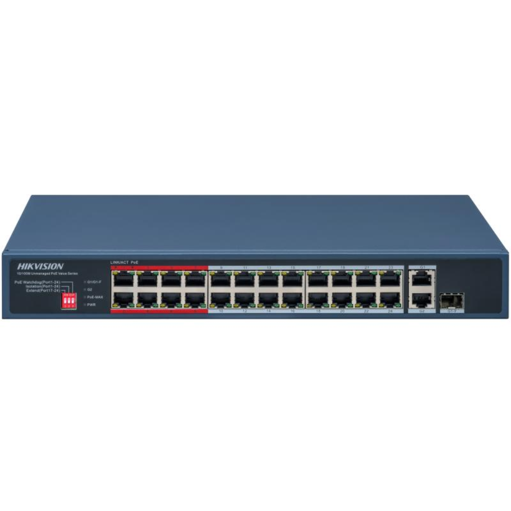 24 portlu mavi, yönetilmeyen Hikvision PoE Value Series ağ anahtarı.