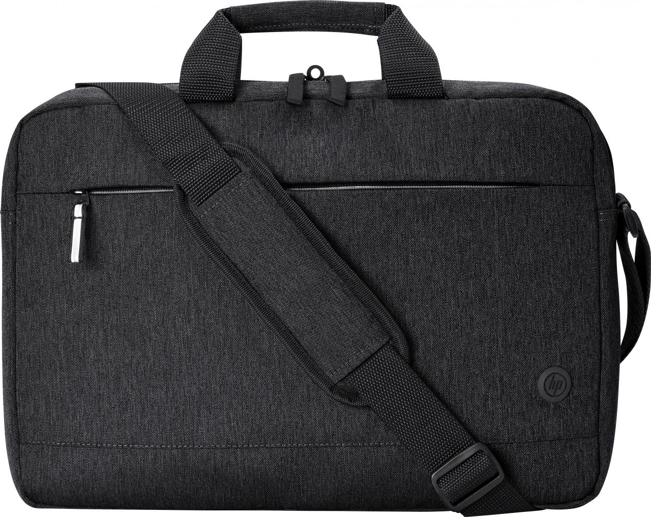 Borsa nera per laptop con tracolla e logo HP.
