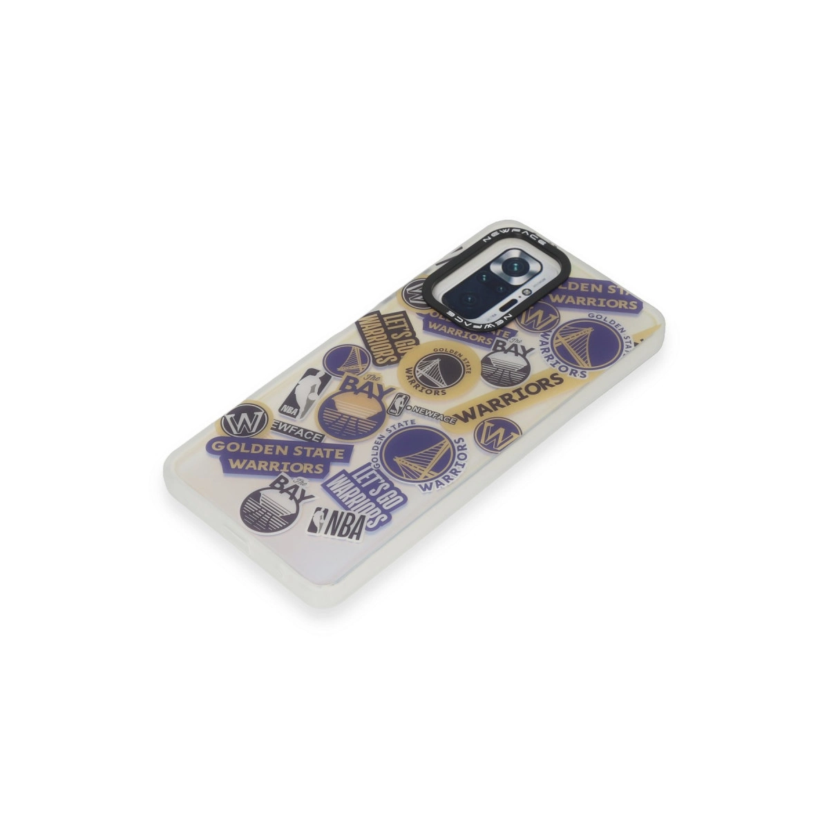 Mor ve altın renkli Golden State Warriors çıkartmalarıyla süslenmiş şeffaf telefon kılıfı.