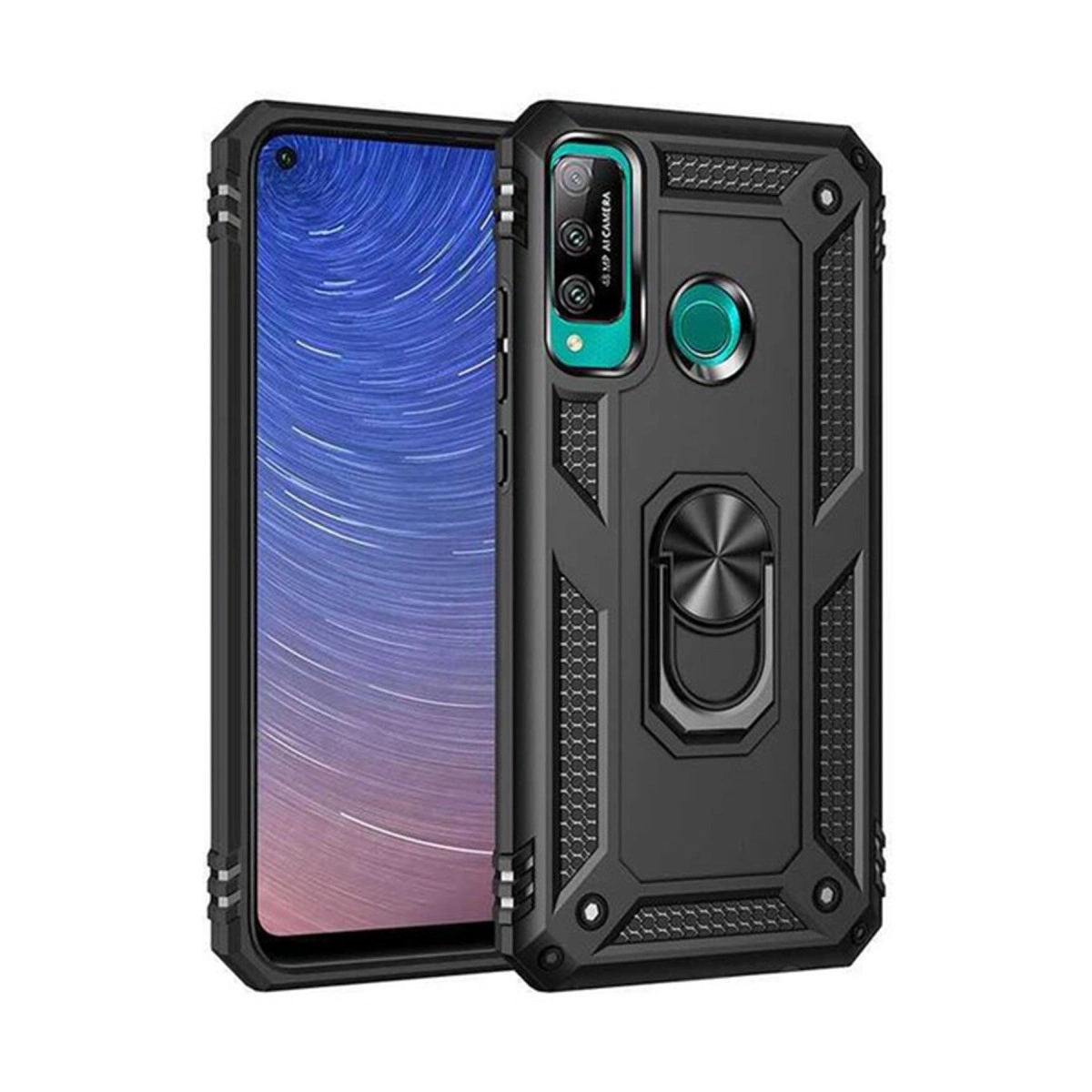 Halkalı tutuculu ve 48 MP yapay zeka kameralı siyah telefon kılıfı.