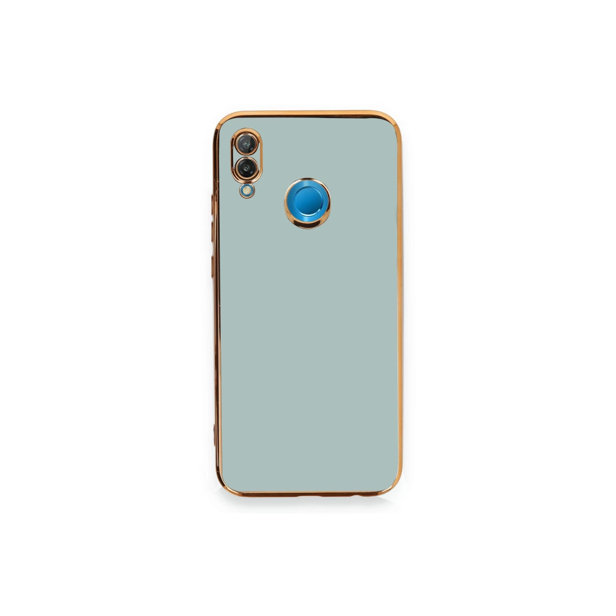 Altın çerçeveli, mavi dairesel düğmeli açık gri telefon kılıfı.