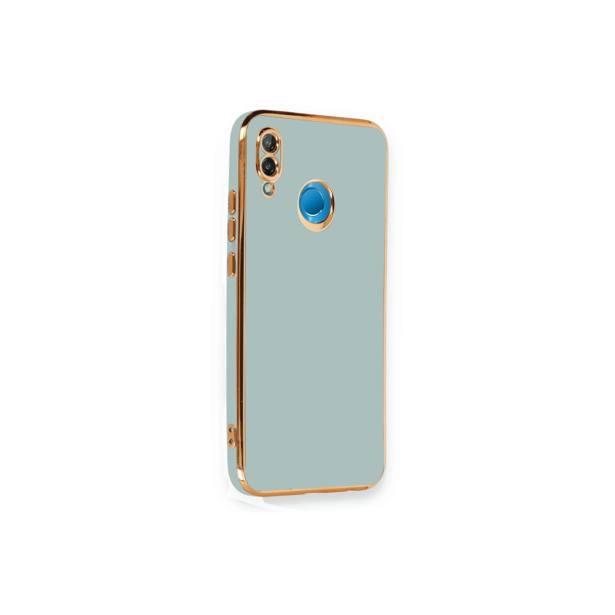 Altın kenarlı ve kamera kesimli açık mavi telefon kılıfı.