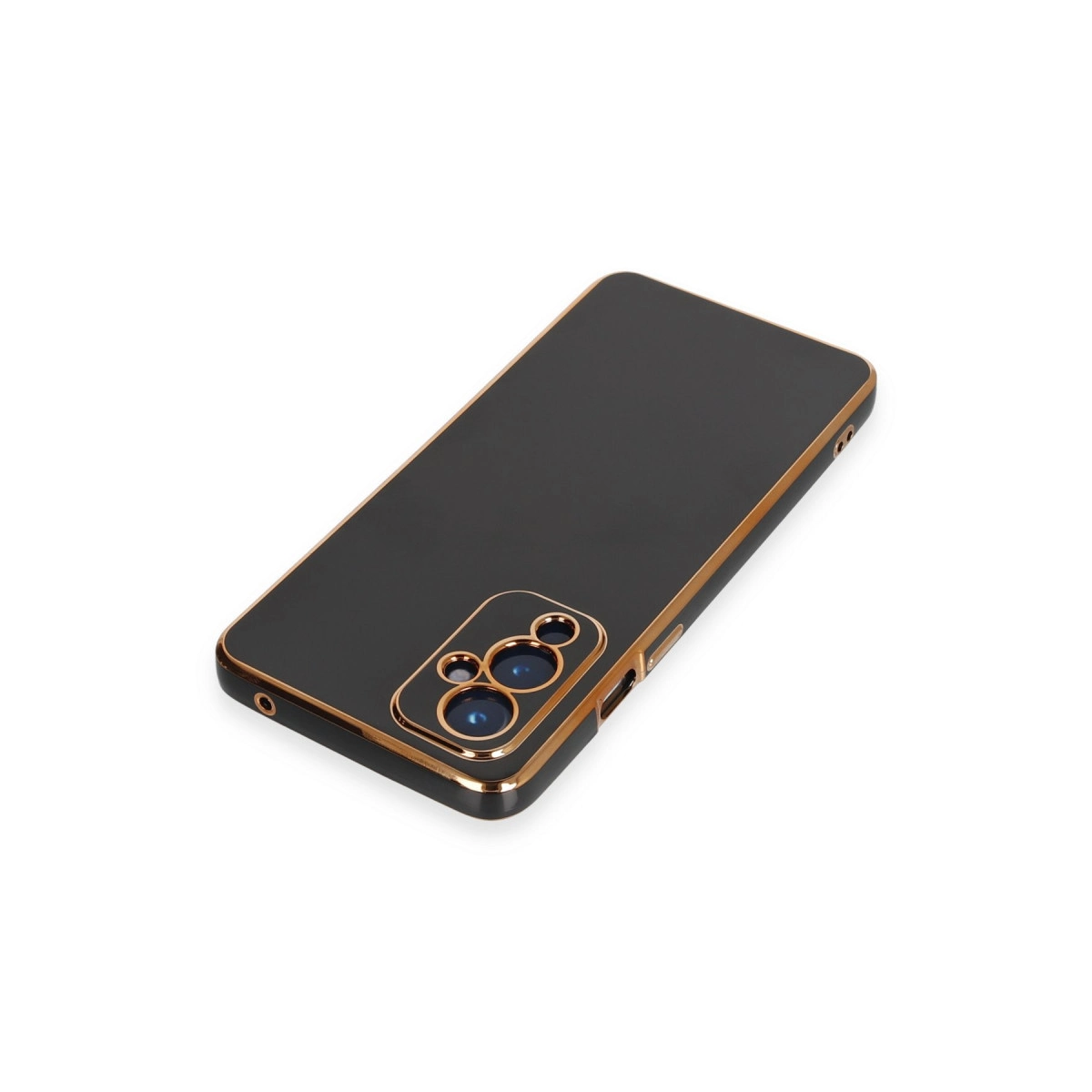 Altın çerçeveli ve kamera kesimli siyah telefon kılıfı.
