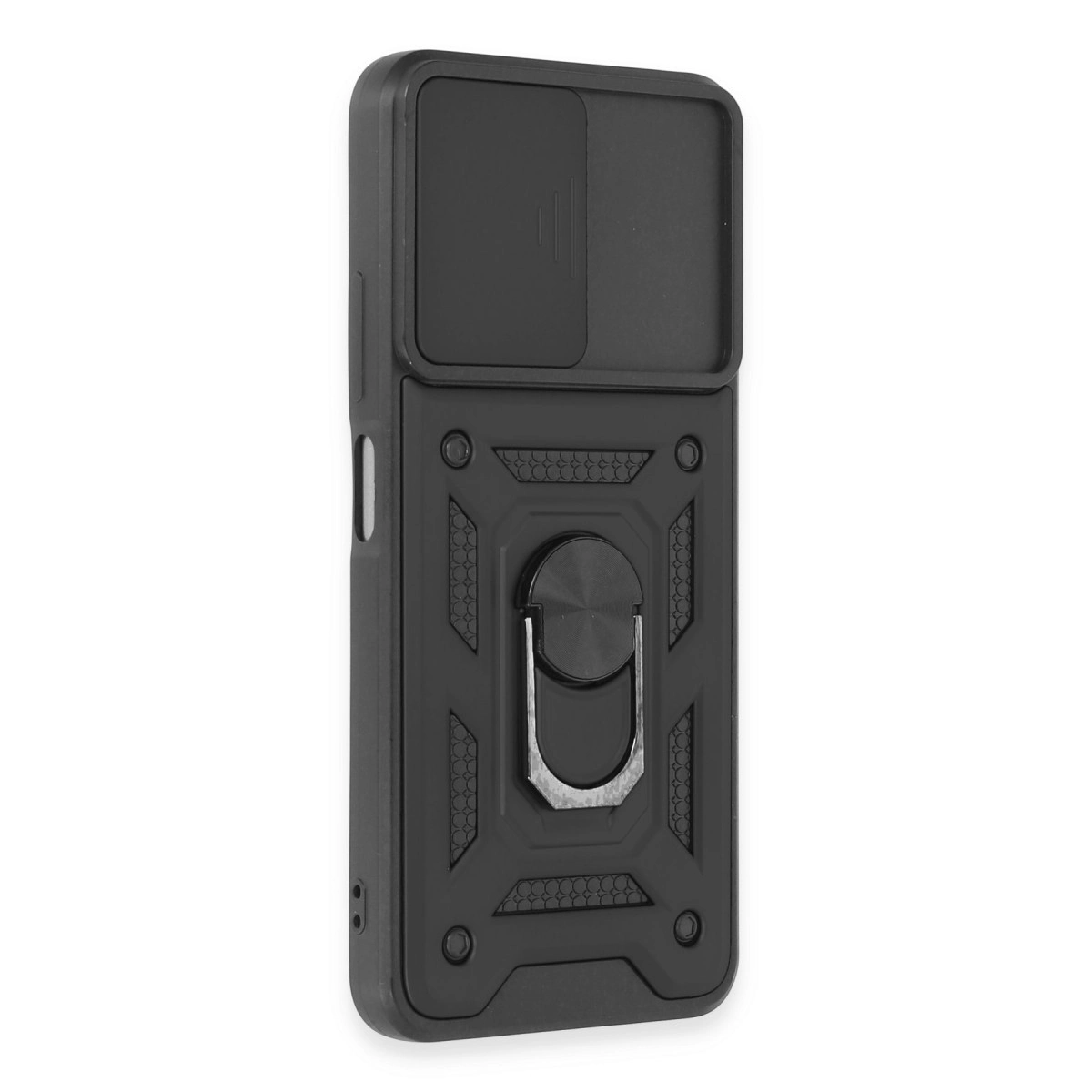 Kayar kapaklı ve halka tutuculu siyah telefon kılıfı.