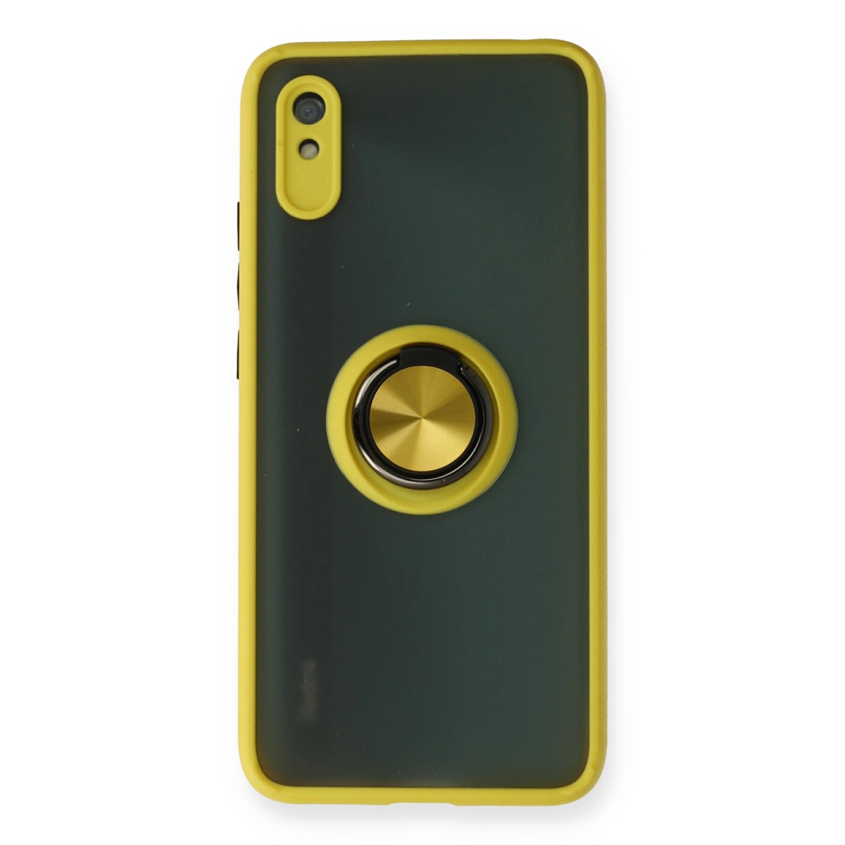 Sarı kenarlı ve halka tutuculu koyu gri telefon kılıfı.