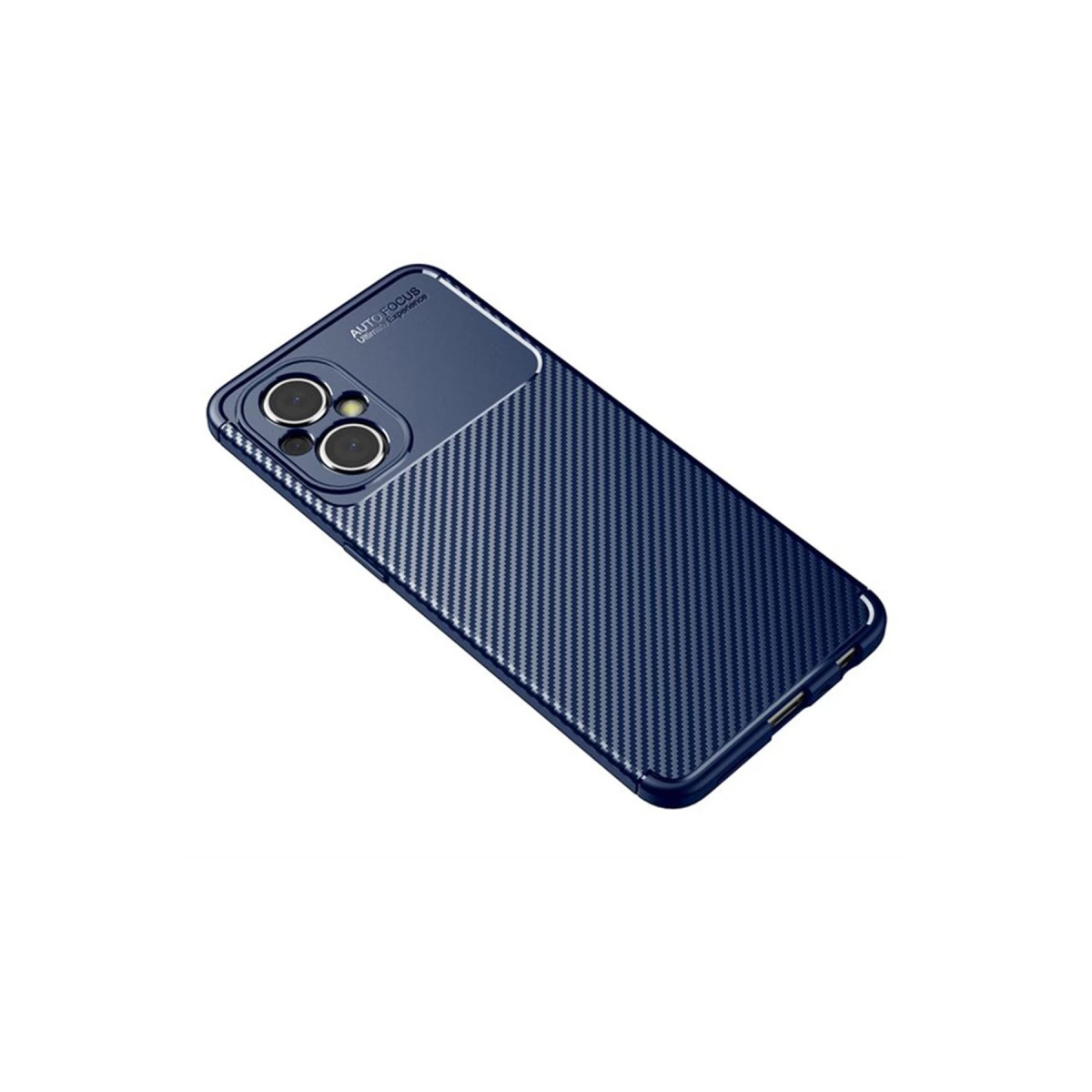 Karbon fiber desenli lacivert telefon kılıfı ve kamera modülü.