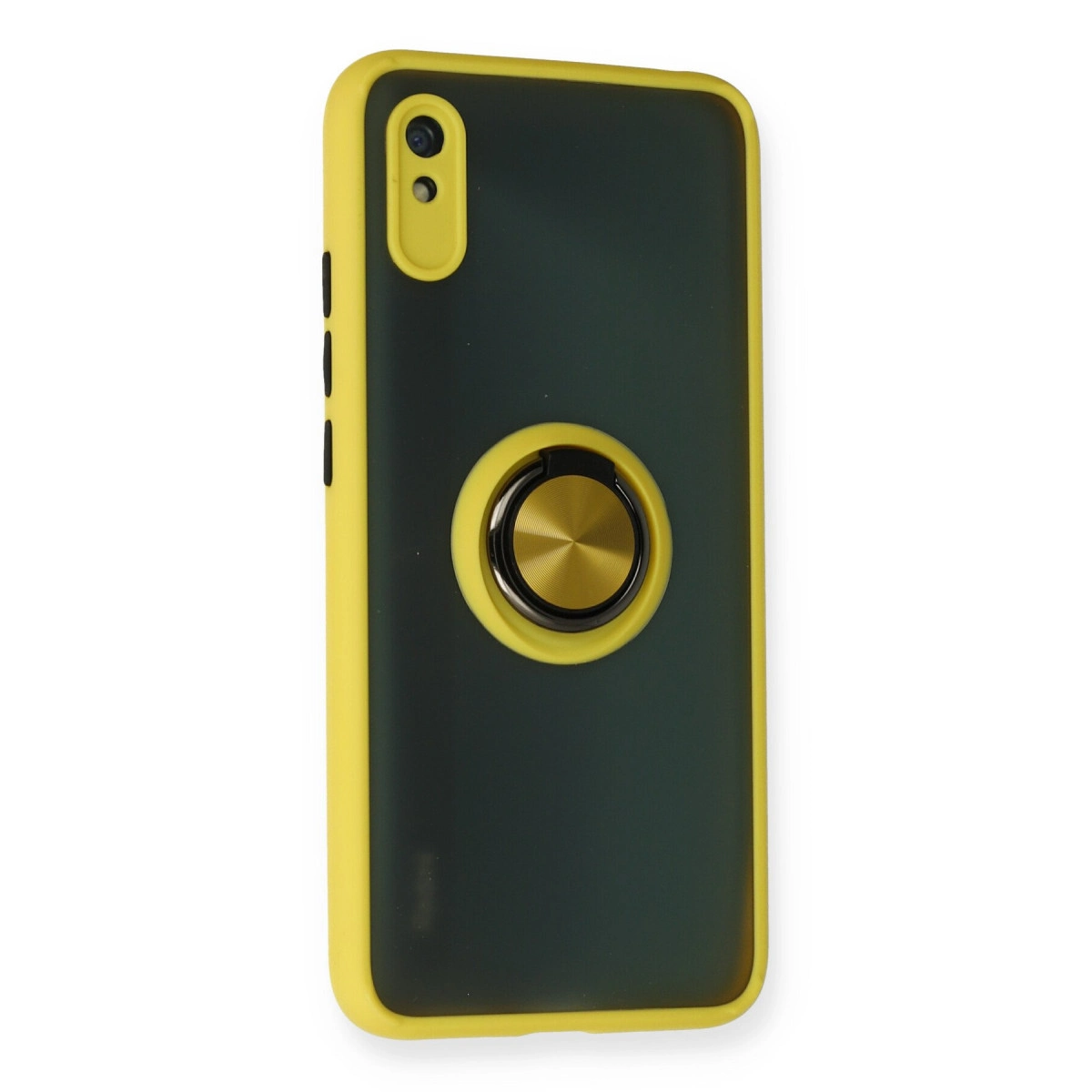 Arkasında altın rengi halka tutucu bulunan parlak sarı kenarlı koyu gri telefon kılıfı.