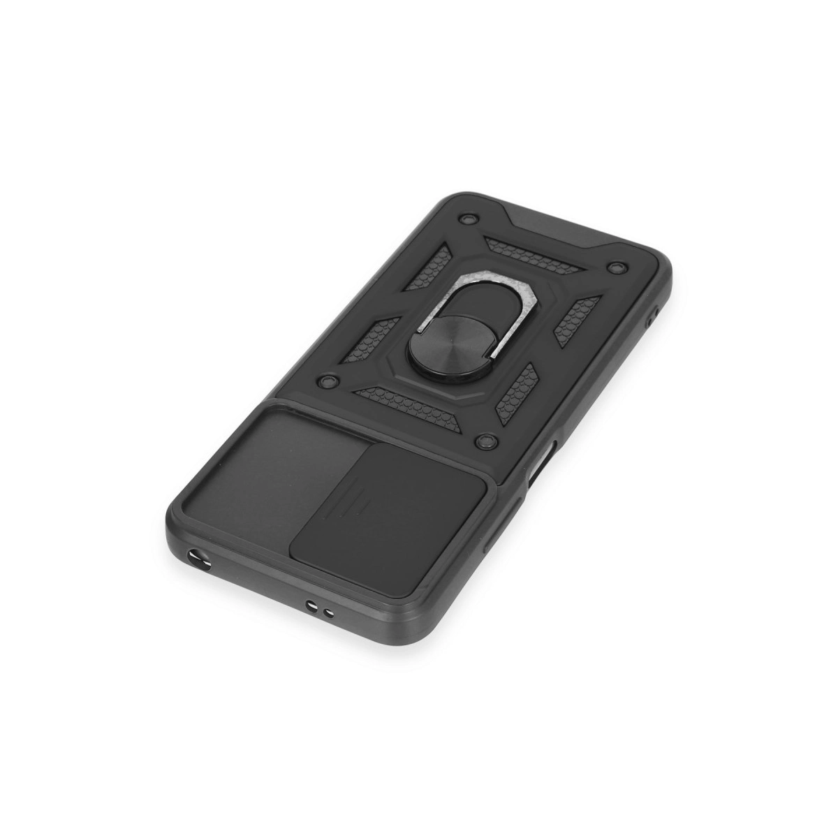Halka tutuculu ve kaydırılabilir kamera kapaklı siyah telefon kılıfı.