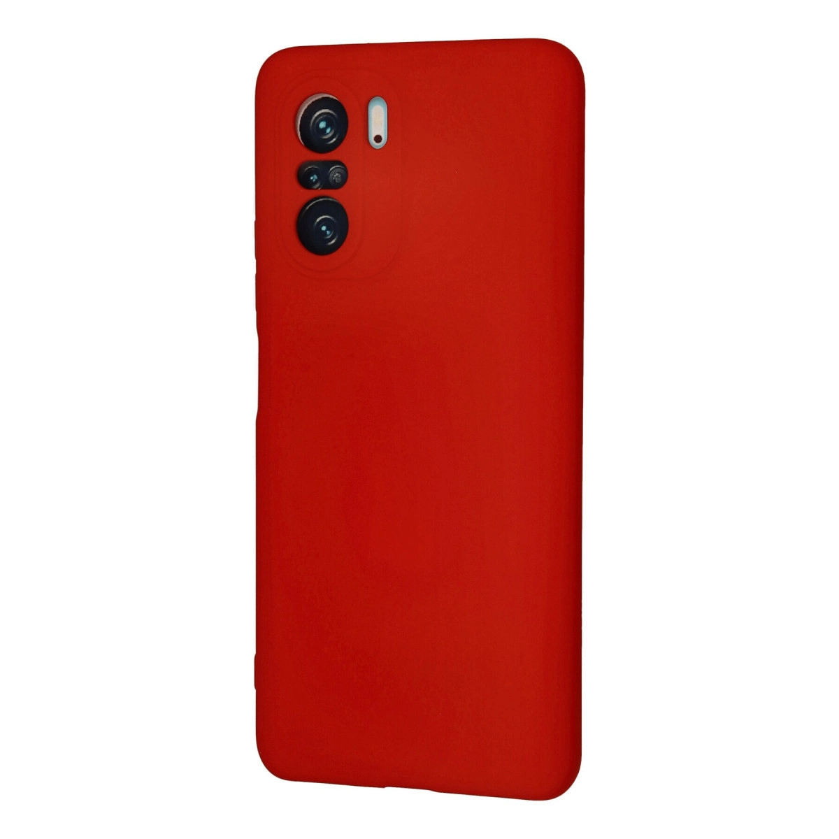 Arkada kamera lensleri ve flaşı olan kırmızı telefon kılıfı.