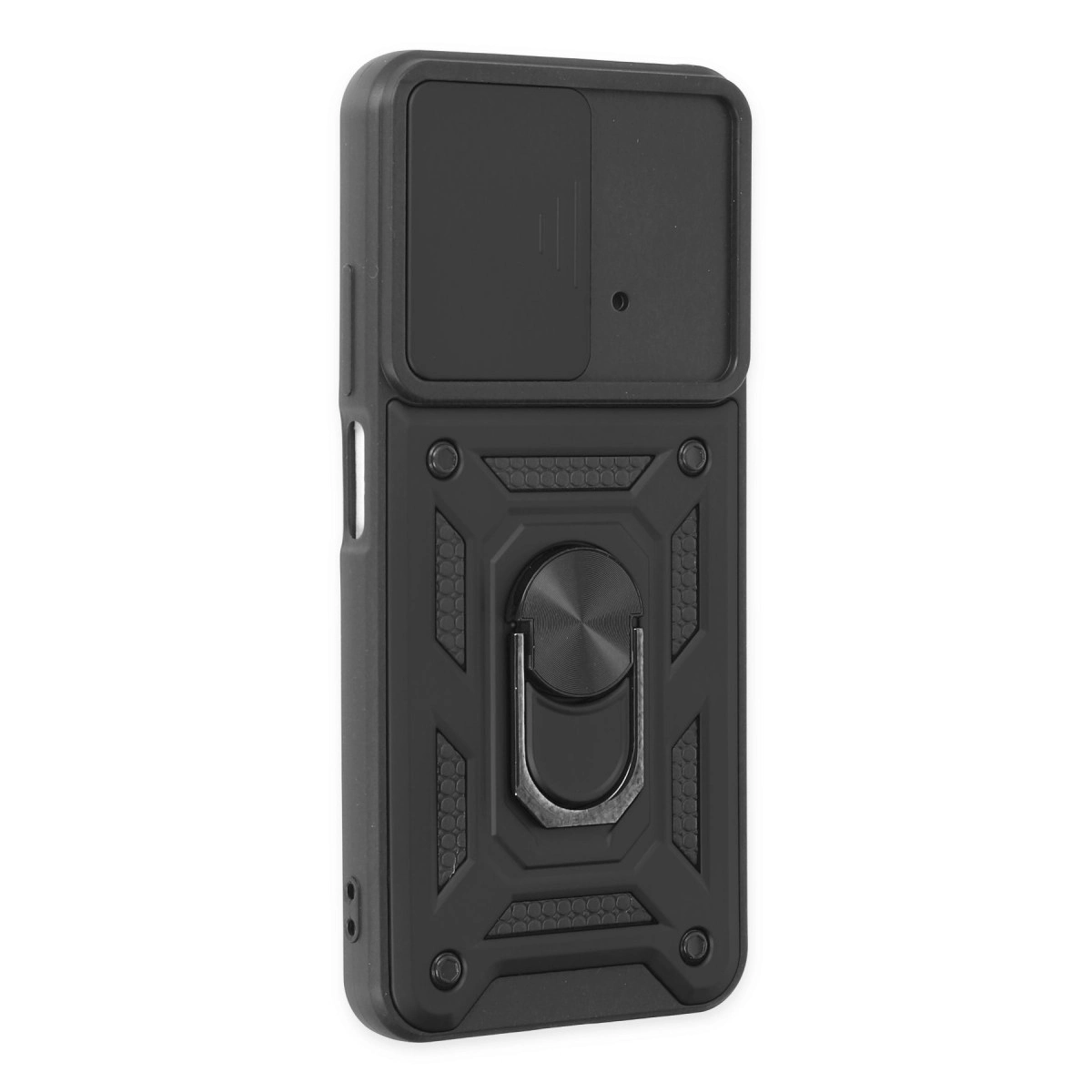 Kayar kamera kapaklı ve halka tutuculu siyah telefon kılıfı.