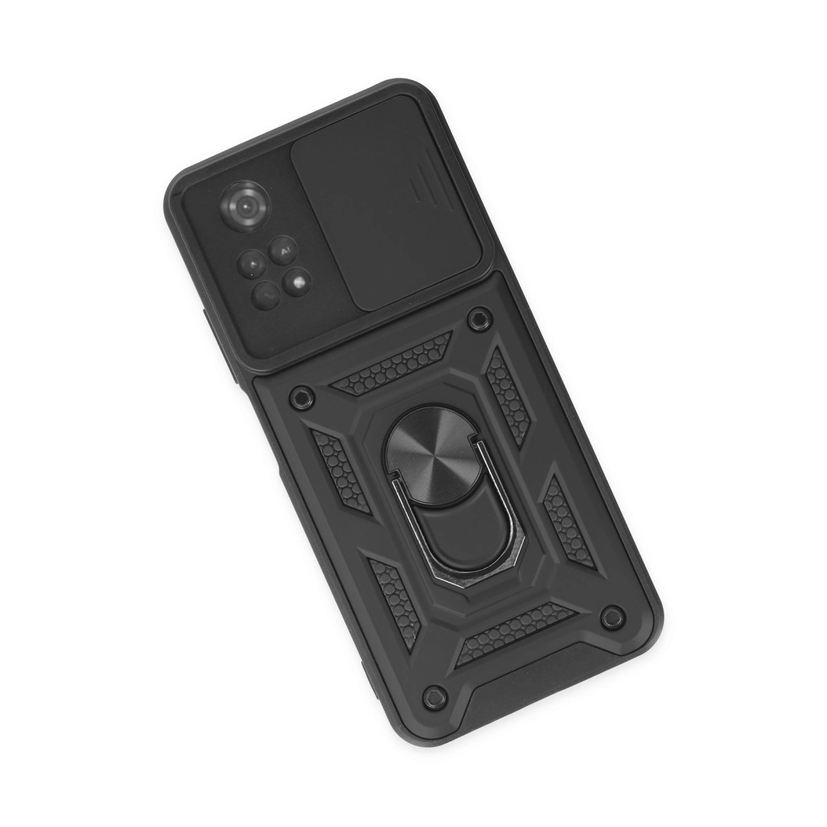 Halka tutuculu ve kamera kapaklı siyah telefon kılıfı.