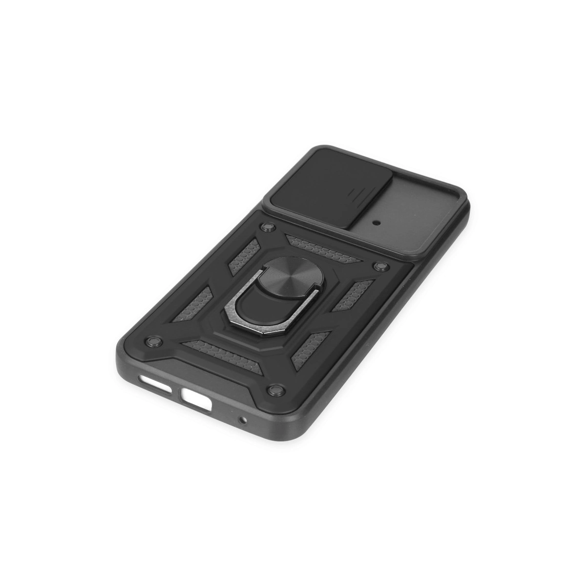 Halka tutuculu ve kayar kamera kapaklı siyah telefon kılıfı.