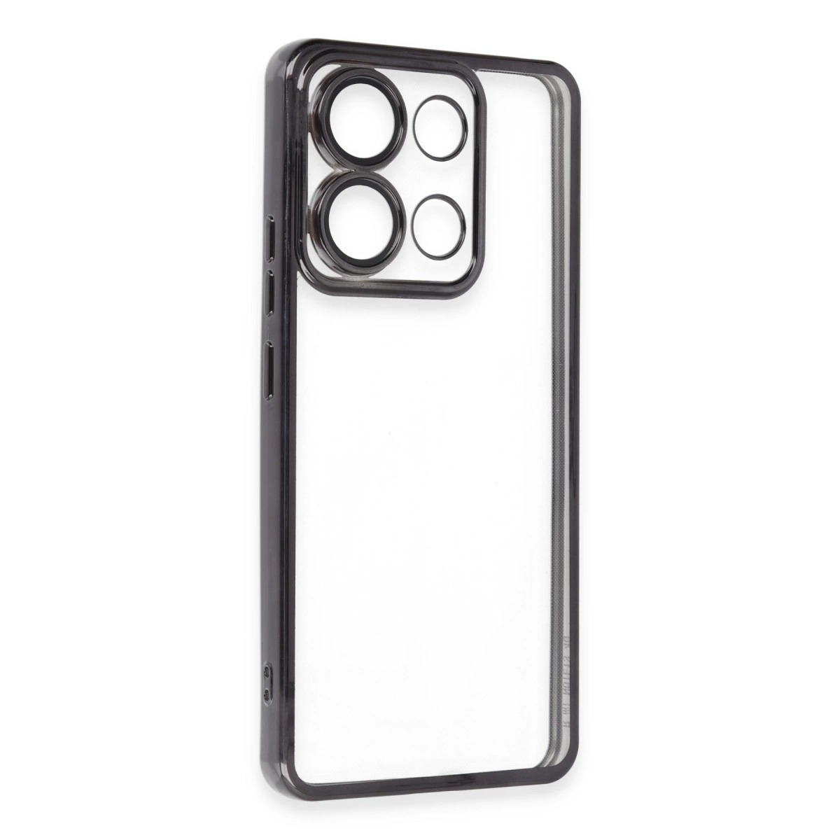 Siyah çerçeveli, dört kamera lens halkalı şeffaf telefon kılıfı.