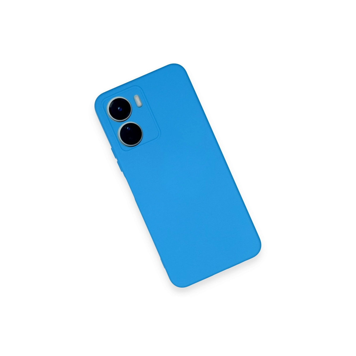 Beyaz arka plan üzerinde iki kamera lensli mavi telefon kılıfı.