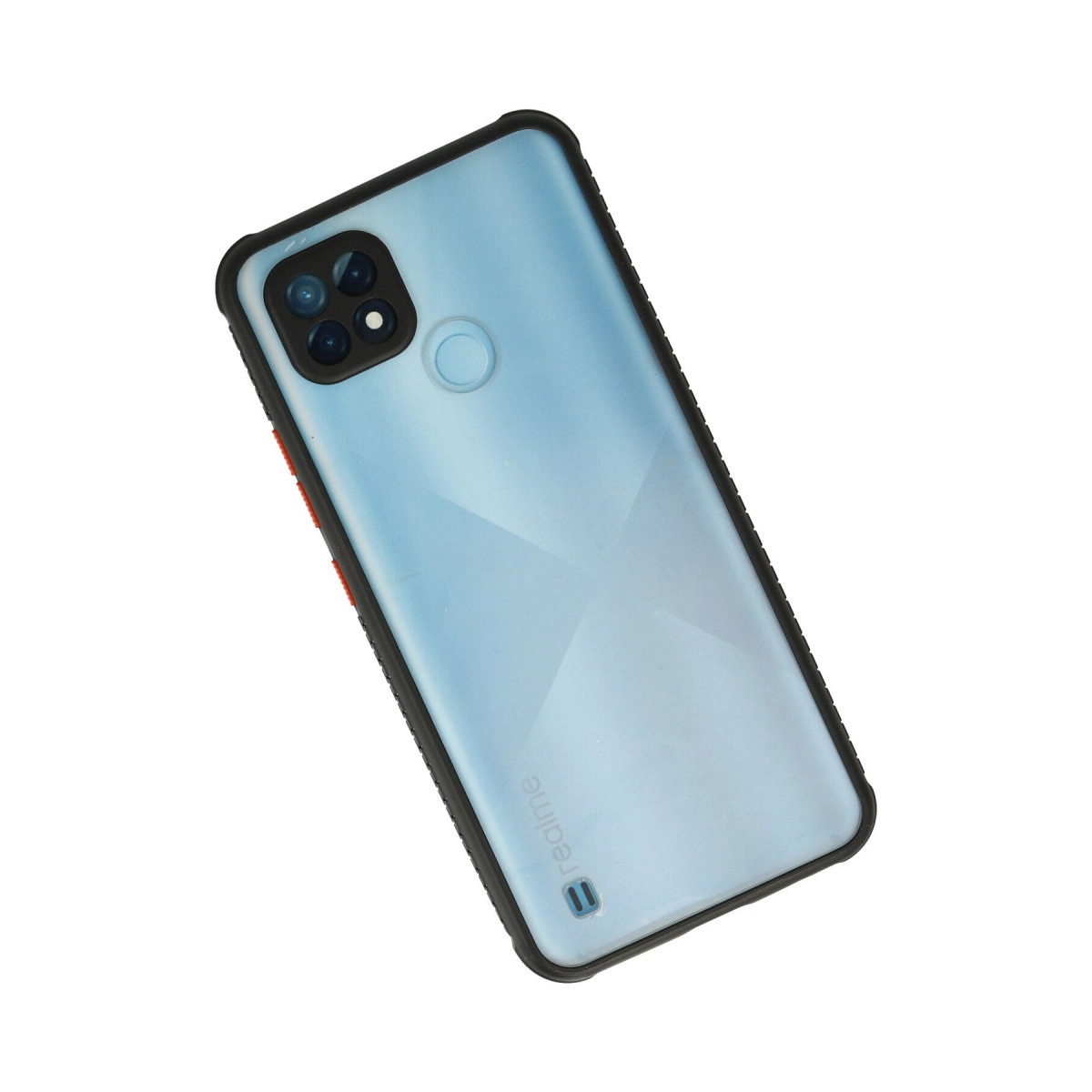 Arkada dört kamerası olan siyah kılıflı mavi bir akıllı telefon.