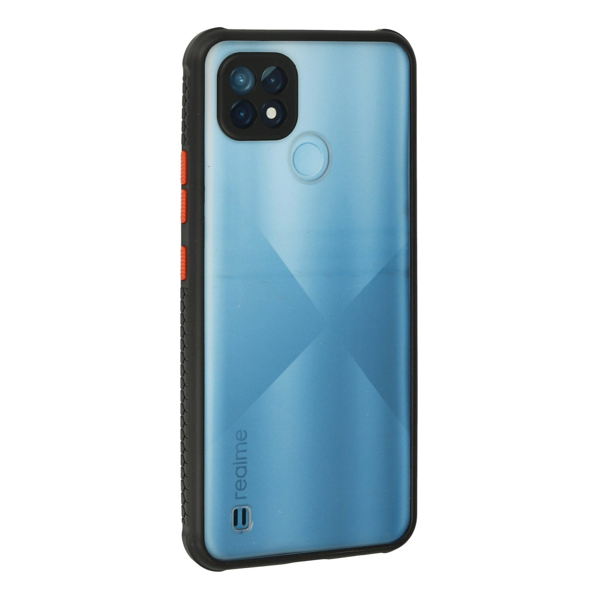 Turuncu düğmeli siyah kılıflı mavi Realme telefon. Kamera kare şeklinde.