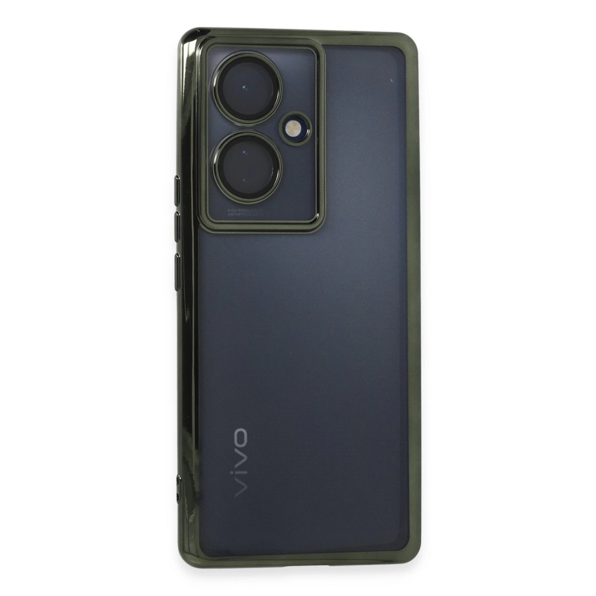 Arkada üç kamera ve 'VIVO' logosu bulunan koyu gri akıllı telefon.