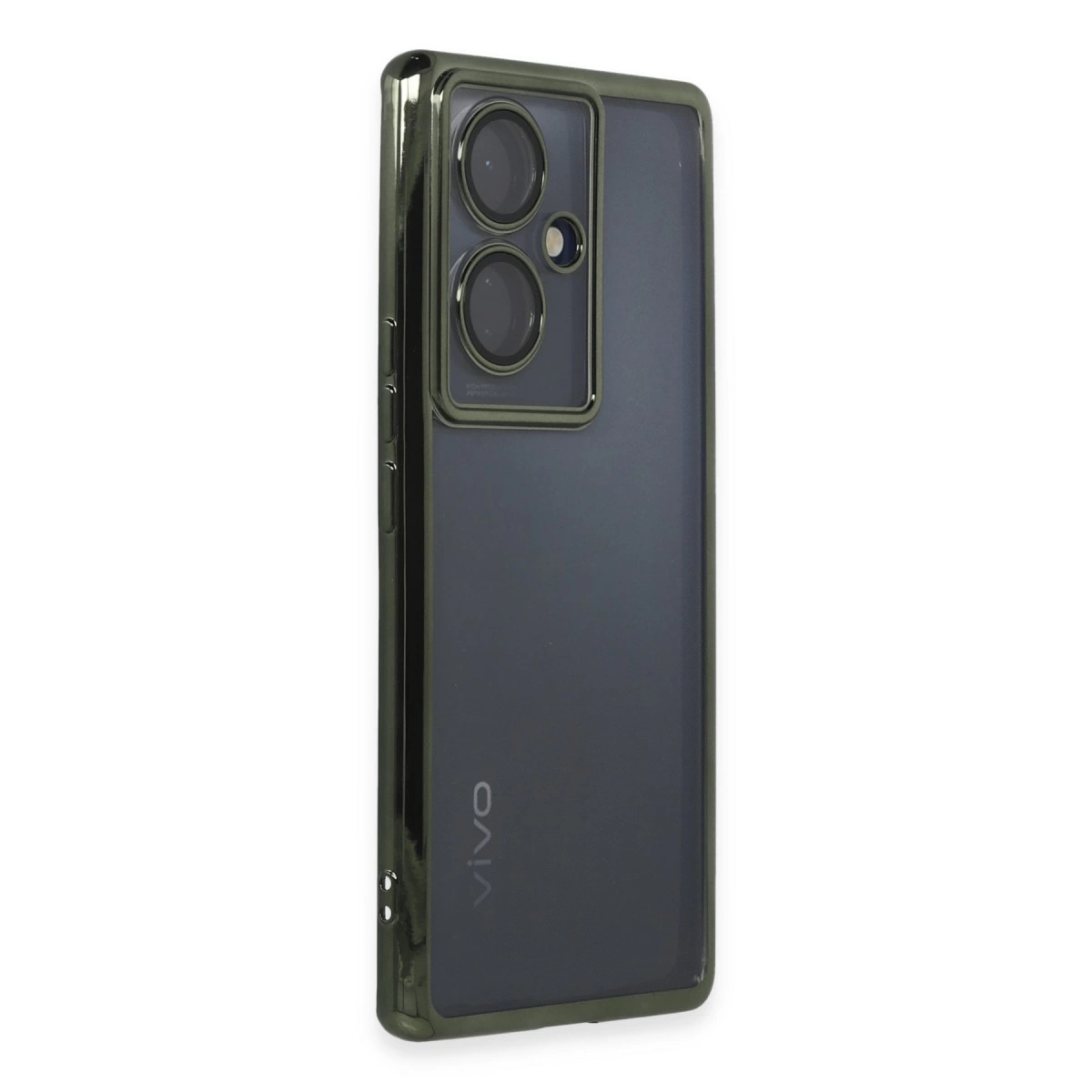 Üç kameralı, VIVO logolu koyu gri akıllı telefon, yeşil çerçeveli.