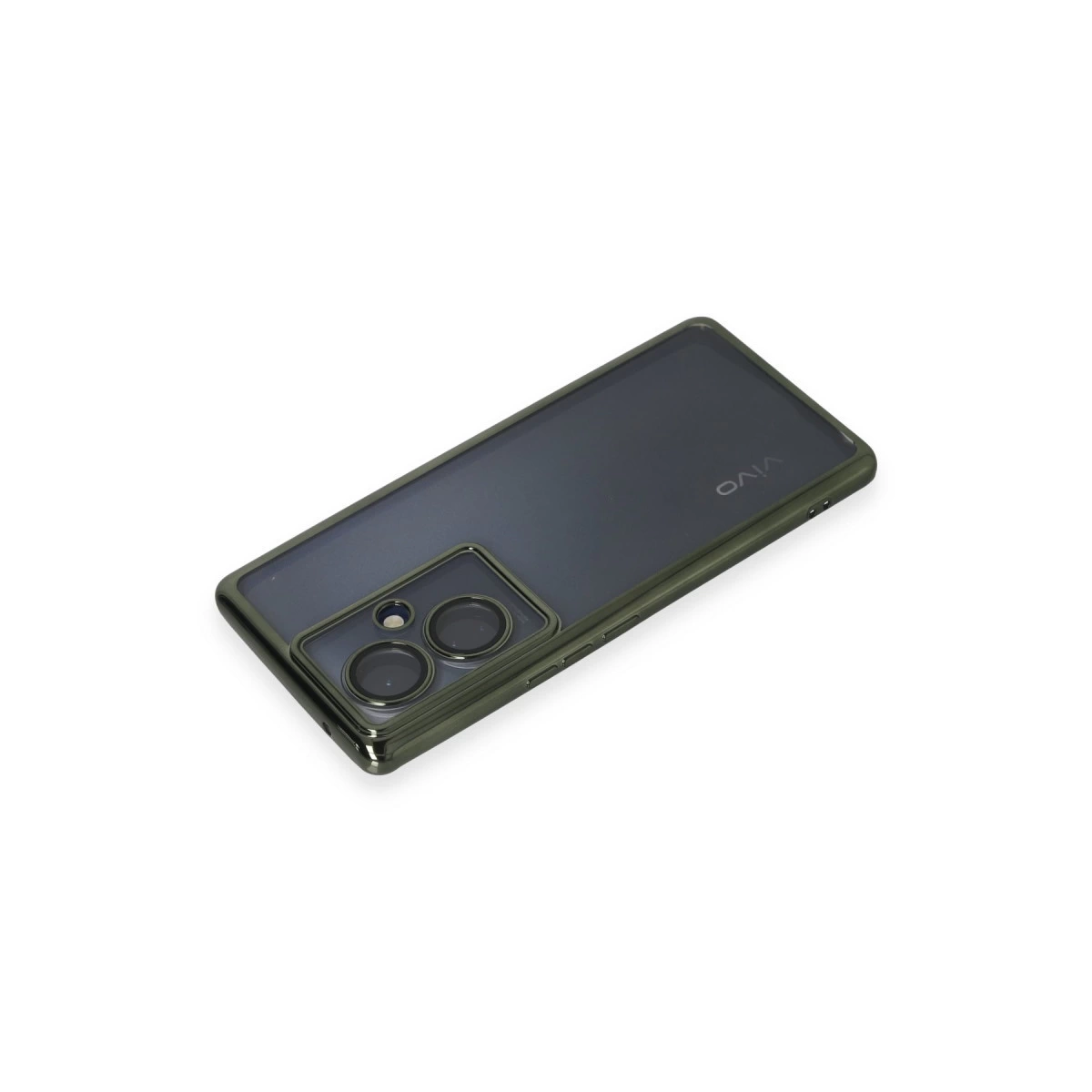 Şeffaf kılıflı, çift kameralı koyu gri telefon.