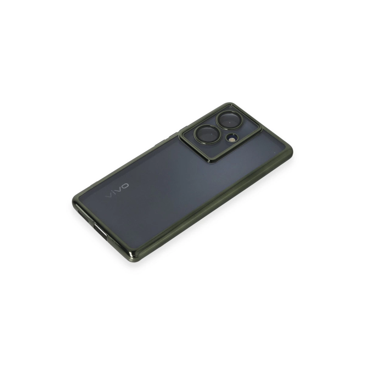 Beyaz arka plan üzerinde kamera modülü ve yeşil çerçeveli koyu akıllı telefon.