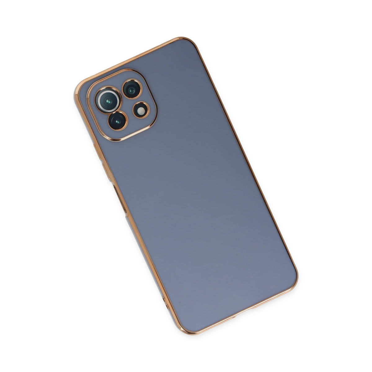 Altın kenarlı ve görünür kamera modüllü gri telefon kılıfı.