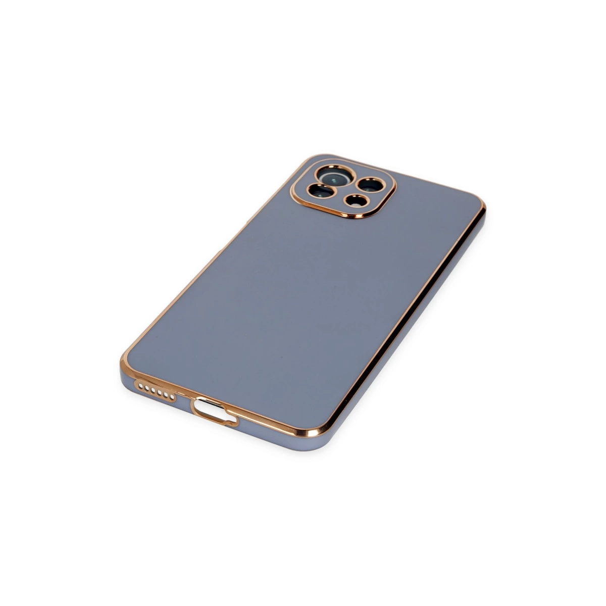 Altın kenarlı ve kamera kesimli gri telefon kılıfı.