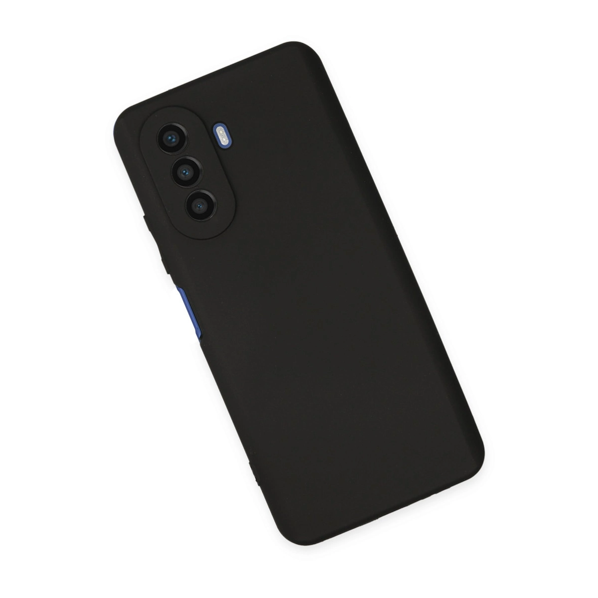 Üçlü kameraya ve mavi vurguya sahip siyah telefon, beyaz zeminde.