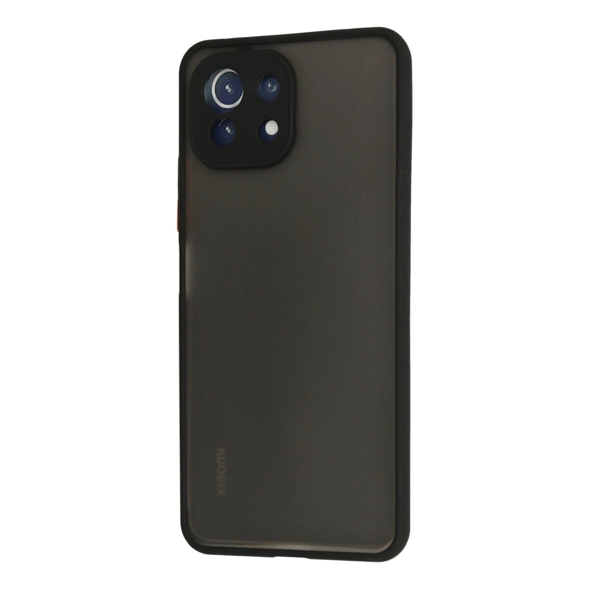 Koyu gri telefon kılıfı, dörtlü kamera kurulumu ve arkada Xiaomi logosu ile.
