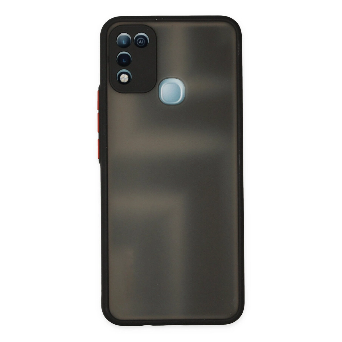 Dört kameralı, parmak izi sensörlü koyu gri telefon.