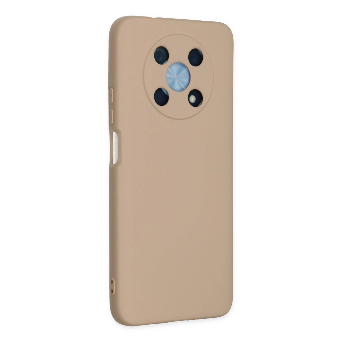 Dört lensi gösteren yuvarlak kamera kesimli bej telefon kılıfı.