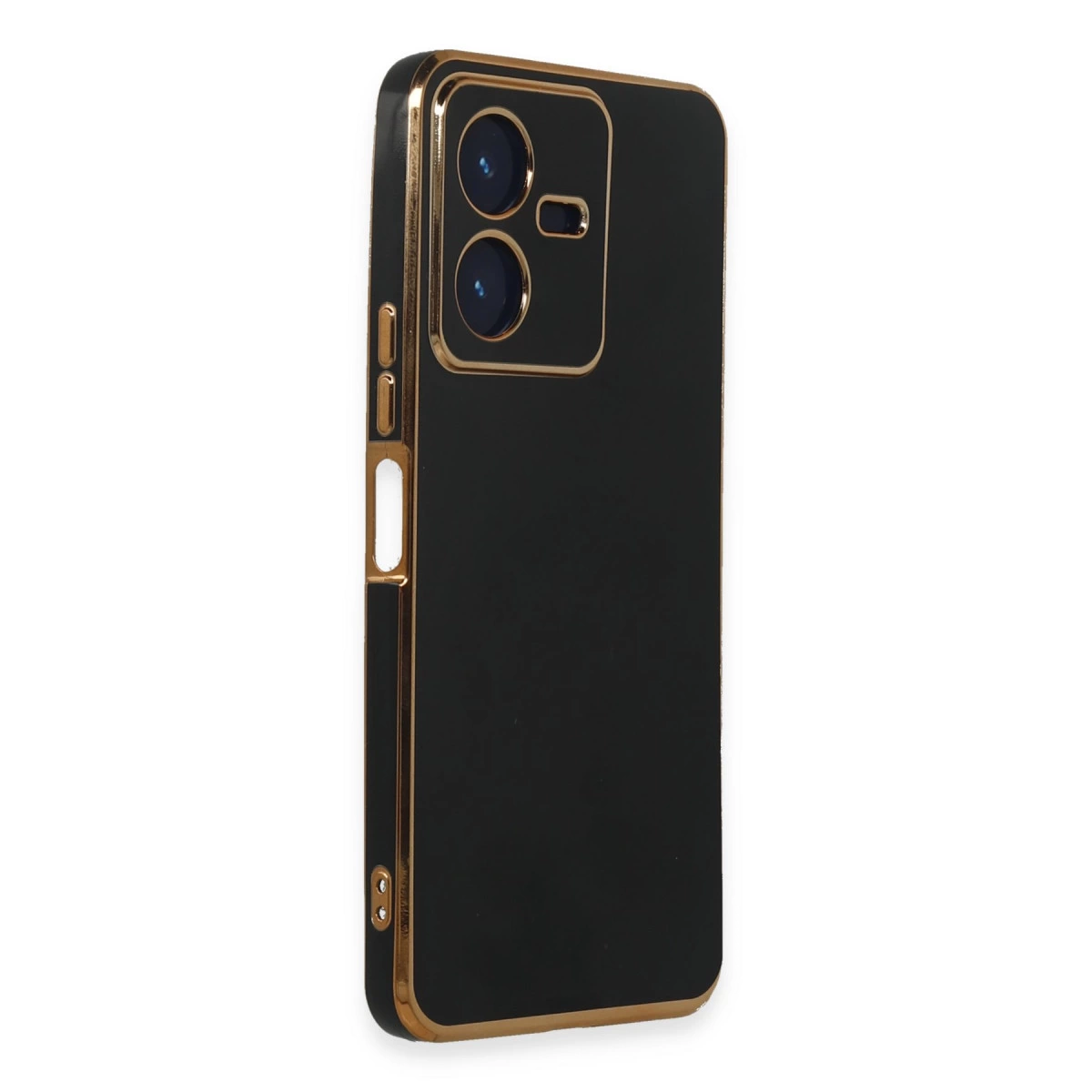 Altın çerçeveli ve kamera kesimli siyah telefon kılıfı.