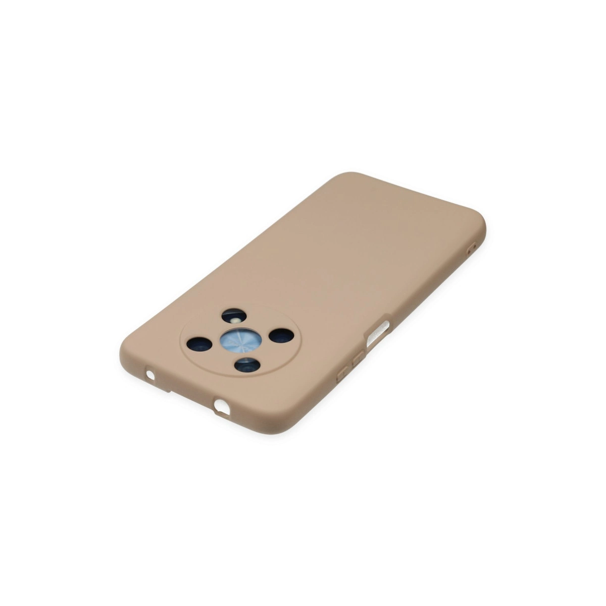 Yuvarlak kamera kesimli bej telefon kılıfı, beyaz arka plan üzerinde.