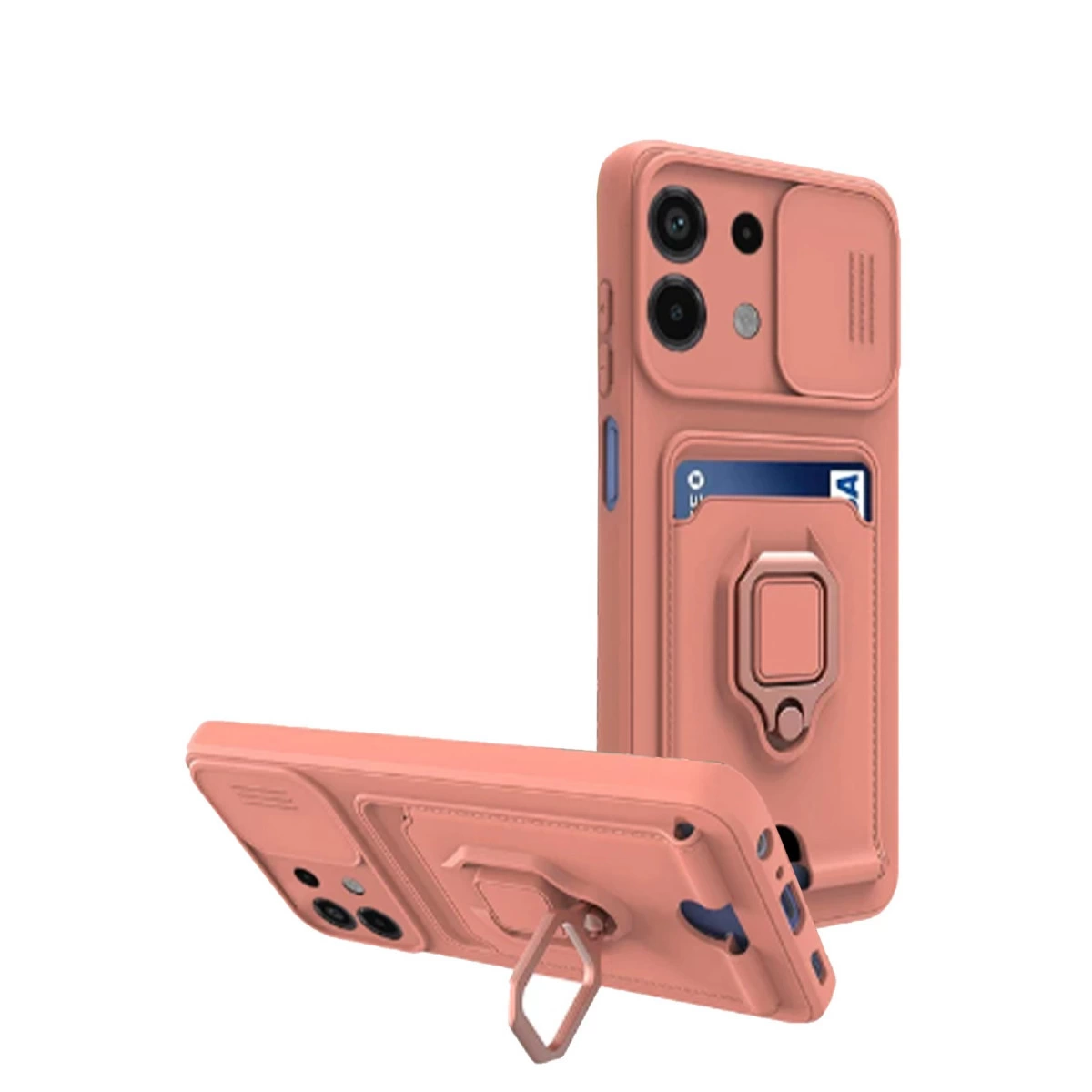 Kart tutuculu ve halkalı pembe telefon kılıfı.