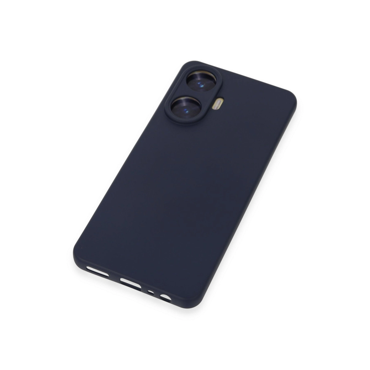 Beyaz arka plan üzerinde iki kamera lensi ve flaşa sahip lacivert telefon.