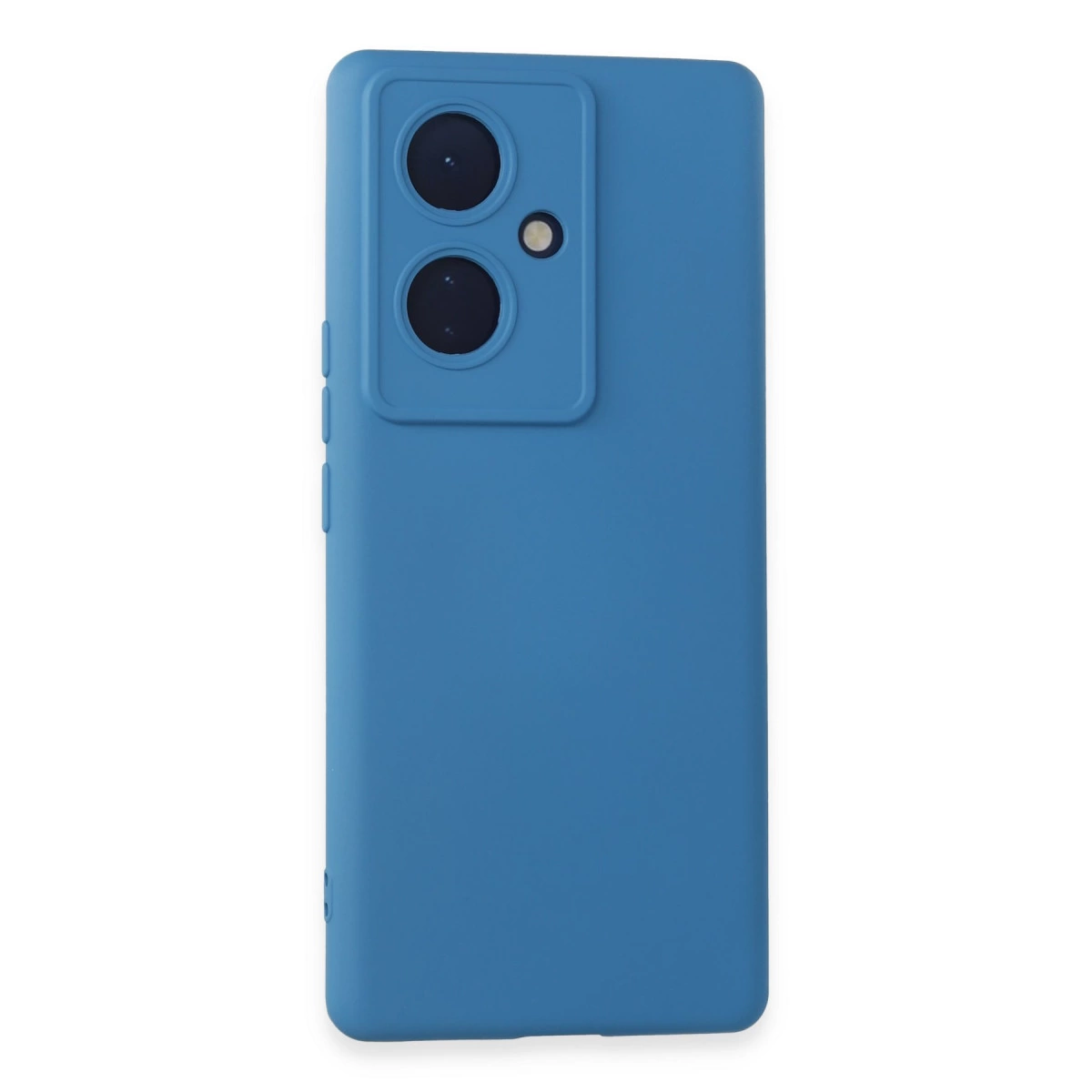 Dikdörtgen kamera modülüne, iki lense ve flaşa sahip mavi telefon kılıfı.