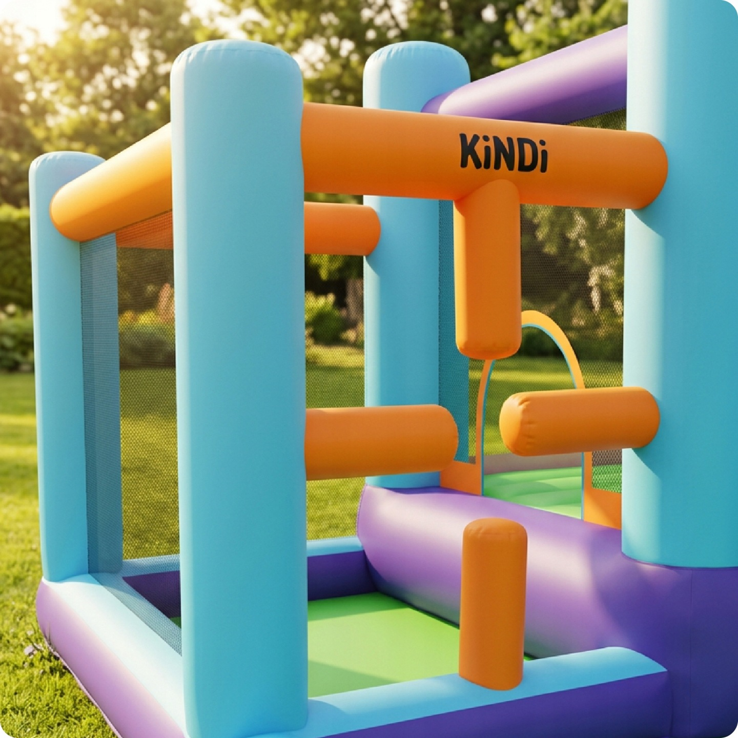 Ein bunter aufblasbarer Spielturm mit orangefarbenen und türkisfarbenen Elementen auf Rasen.