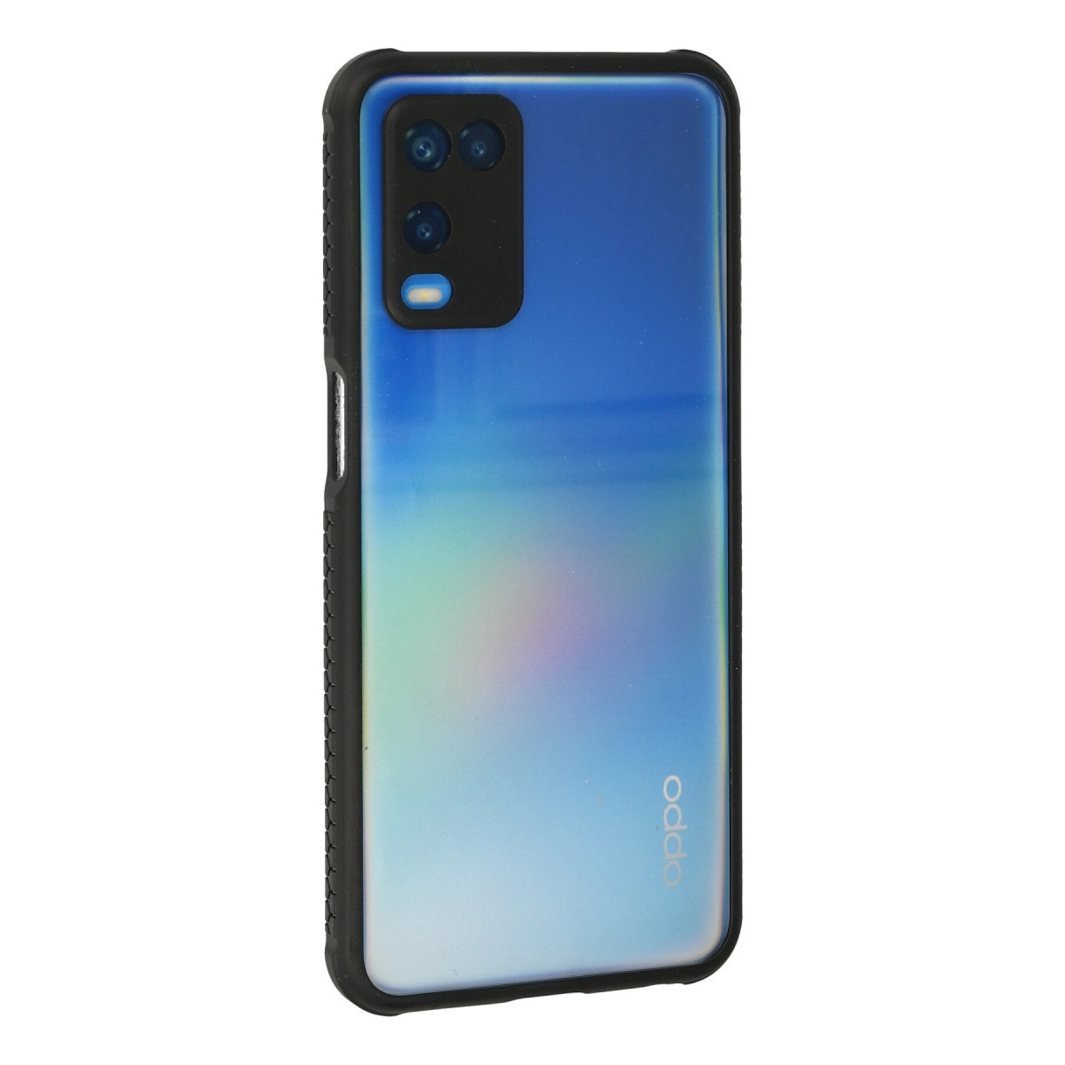 Arka yüzünde üç kamera bulunan siyah, mavi geçişli telefon.