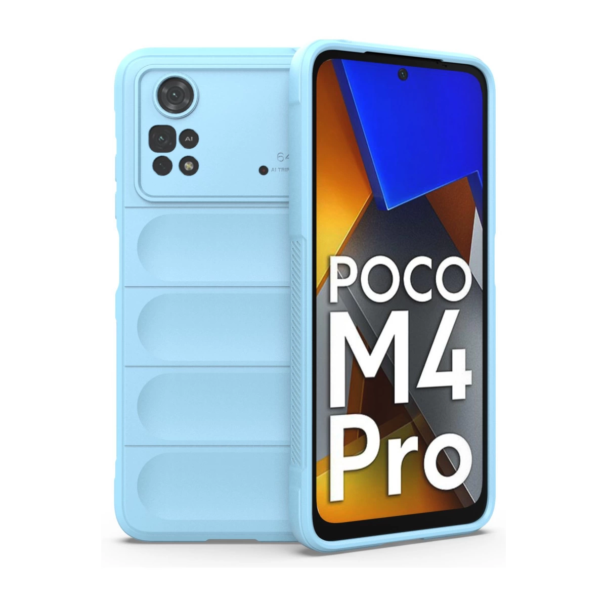 Ekranında POCO M4 Pro yazısı olan açık mavi bir telefon.