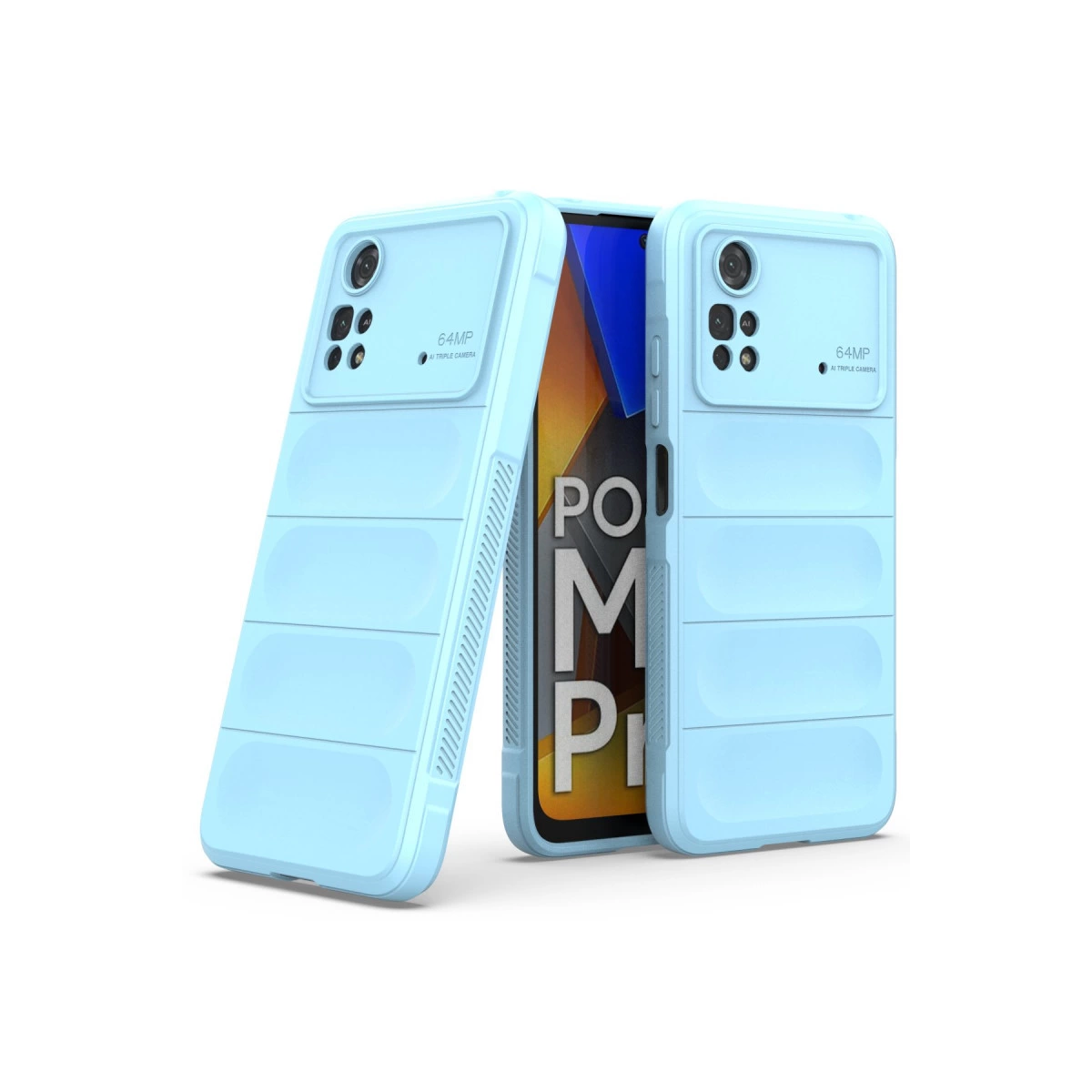 Kanallı desene sahip iki açık mavi telefon kılıfı, biri telefonda.