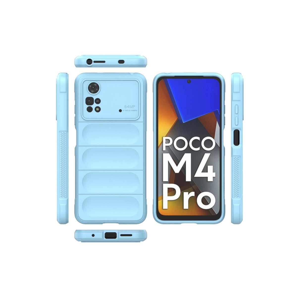Ekranında POCO M4 Pro yazısı bulunan, açık mavi telefon kılıfı çeşitli açılardan gösteriliyor.