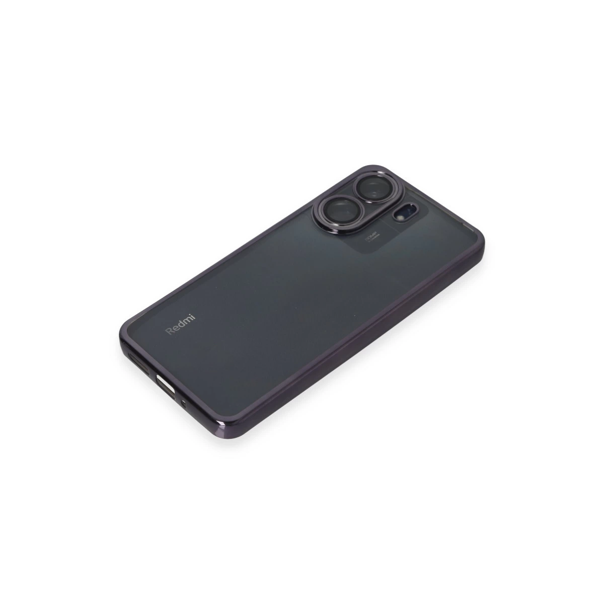 Kamera modülü ve Redmi logosu bulunan koyu gri akıllı telefon, beyaz zeminde.