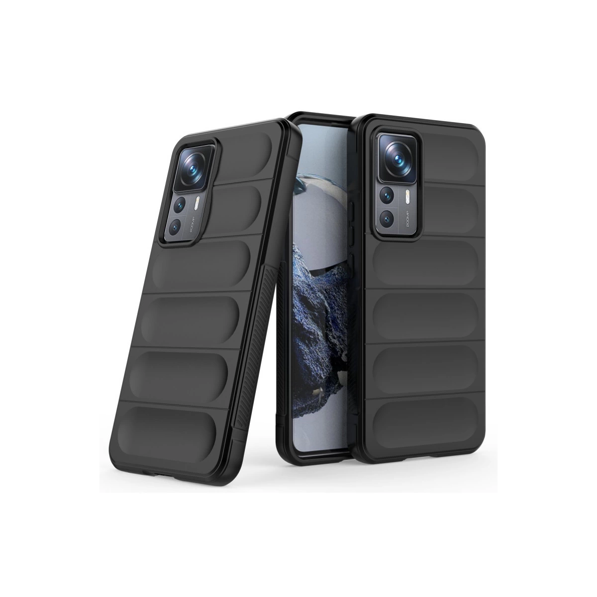 Yastıklı tasarıma sahip iki siyah telefon kılıfı, biri telefonda.