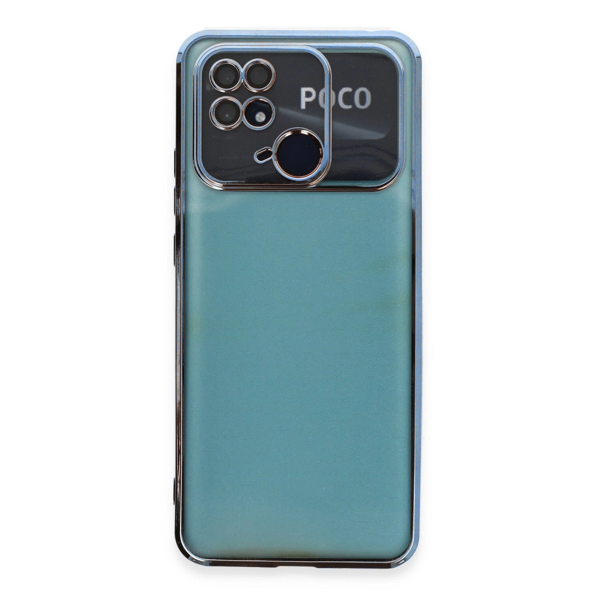 Kamera modülü ve POCO logosunu gösteren, teal renkli POCO telefonun arkası.
