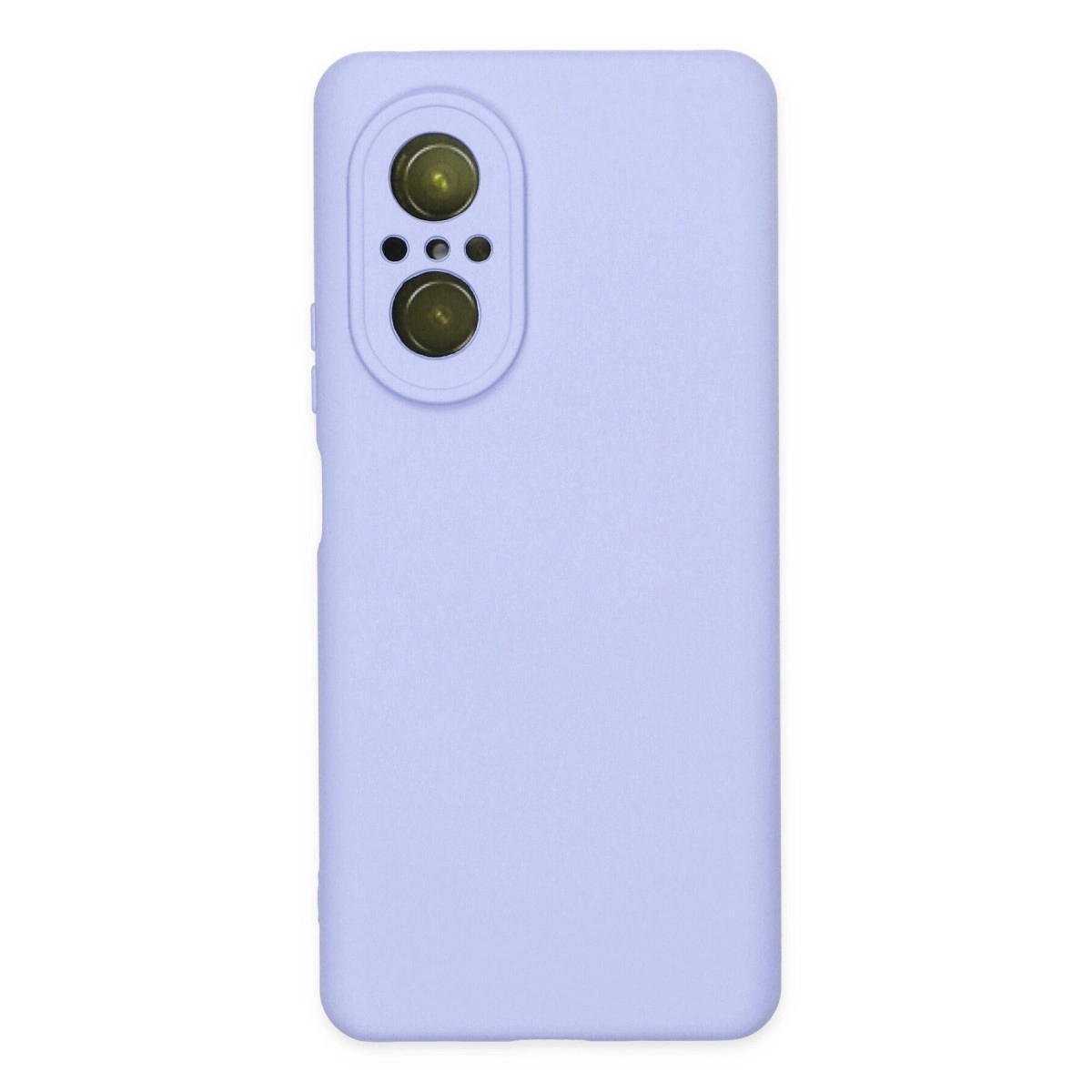 İki lensli oval kamera modülüne sahip lavanta rengi telefon kılıfı.