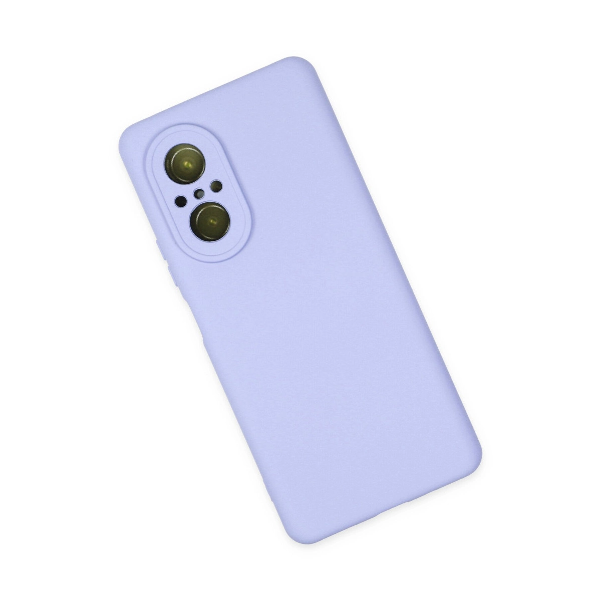 İki lensi gösteren oval kamera kesimli lavanta rengi telefon kılıfı.
