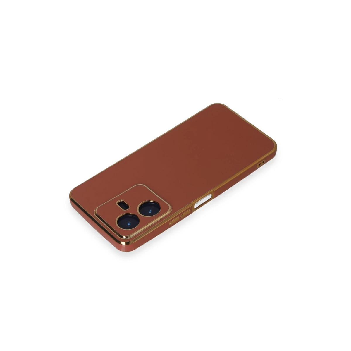 Altın çerçeveli ve iki kameralı kahverengi telefon kılıfı, beyaz zeminde.