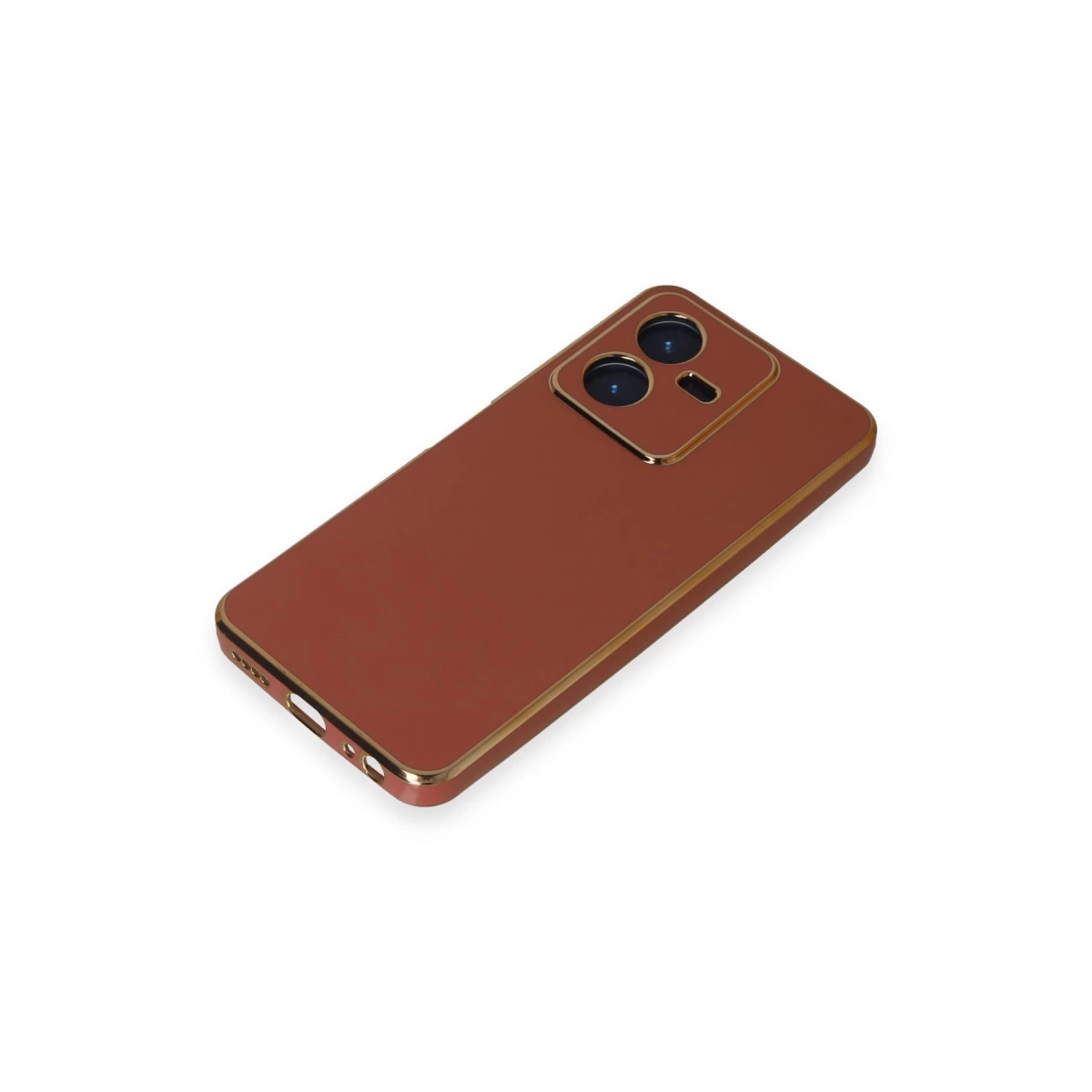 Altın kenarlı, kamera lensli kahverengi telefon kılıfı.