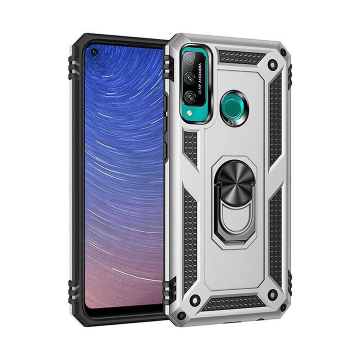 Halka tutuculu ve kamera modüllü gümüş telefon kılıfı
